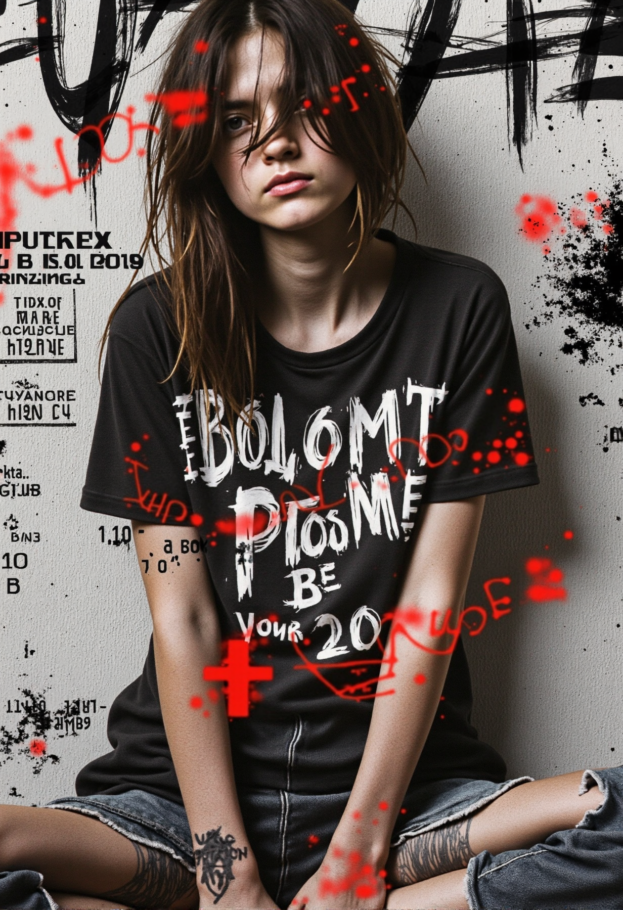 A young Slavic woman with a rocker edge sits casually, wearing a grunge-inspired T-shirt with a striking print—bold, distressed typography skillfully blended with chaotic textures, abstract shapes, and faded graphic elements. The design feels raw and authentic, embodying the rebellious spirit of grunge culture. Her messy hair slightly falls over her face, and her smudged makeup adds to her effortlessly cool look.