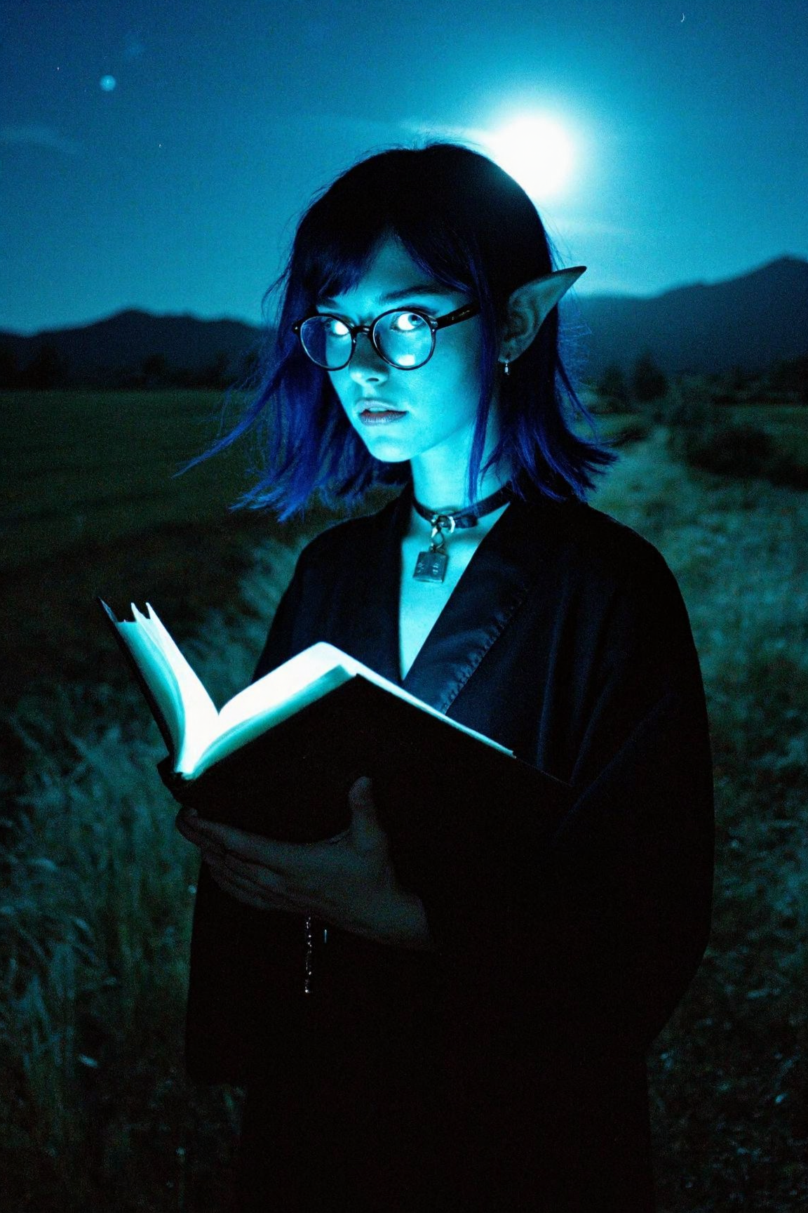 8n8log, young woman, late 20s, very long pointed ears, deep blue ombre bobcut hair flowing from black roots, slightly tousled, glowing eyes casts blue glowing, big round metal-rimmed glasses, concentrated expression, wearing a black robe with wide sleeves, leather collar with padlock, standing in an open field, tall grass casts heavy blue light, holding an old leather-bound book, book pages emitting bright cyan light, mountains under a deep starry night sky, moonlight, Dull lighting, nighttime, her face overexposed by heavy cyan light, film photography aesthetic, film grain effect prominent throughout image, 