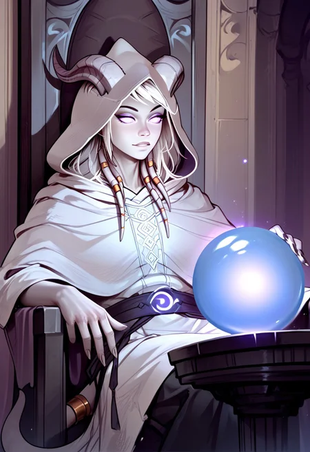 masterpiece, score_9, score_8_up, score_7_up, score_6_up, world of warcraft, fantasy, 
(female, draenei, h0rns, ram horns, white horns, tall, athletic arms, pale white skin, long white hair, purple eyes, long white tail, joyous face, four fingers per hand, long fingers), 
sitting, orb, throne, crystal ball, chair, hooded cloak, robe, hood up, solo, 
<lora:add-detail-xl:1.5>