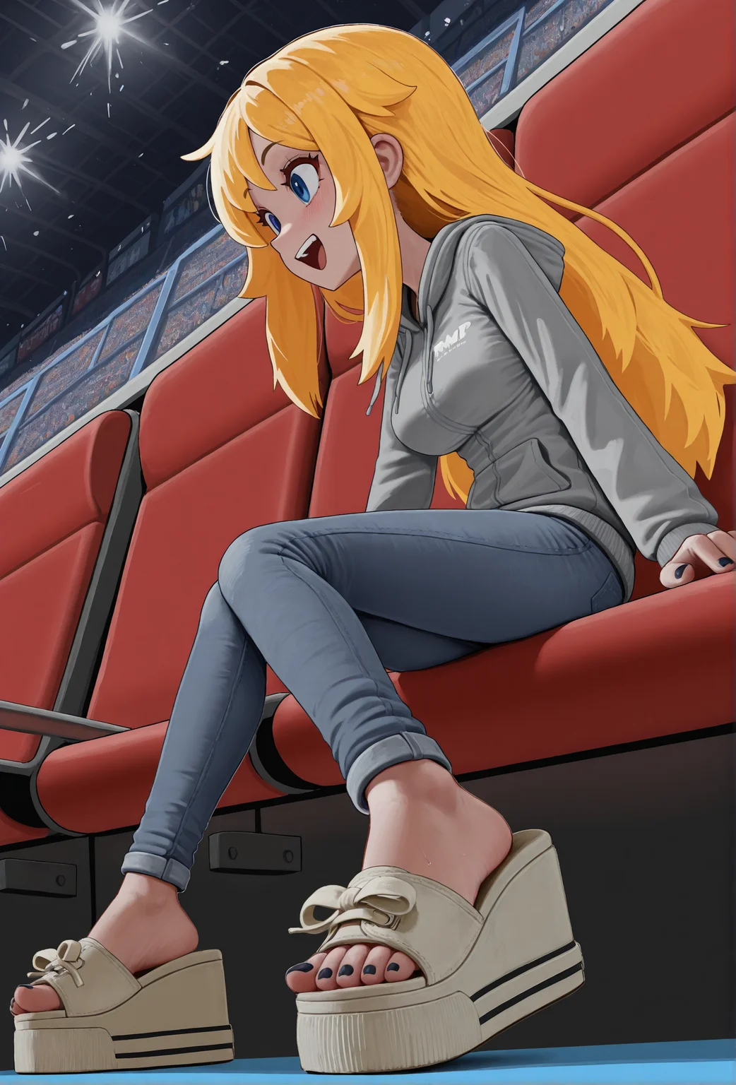 masterpiece, best quality,
by erica (naze1940), fiz-rot,
1girl,
from side, low angle, foreshortening,
knees together feet apart,
sitting, stadium seat,
happy, cheering,
gray collegiate hoodie,
jeans,
(r4mp4ge sandals), (platform footwear),
feet, toes, dark blue toenail polish,
(blonde hair), long hair,
cute face, perfect face,
medium breasts,