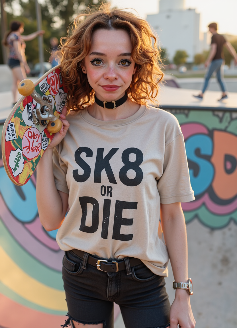 SFW, brightly lit, aidmaimageupgrader,  A hyperrealistic, close up portrait of a badass skater girl standing confidently on a graffiti-covered skatepark ramp, holding her skateboard over one shoulder. She wears a loose oversized band tee with the text "SK8 OR DIE" written on it, ripped black jeans, her grip tape-scratched skateboard covered in stickers and scuffs. Her hair is messy, casually tousled, a few strands falling over her intense gaze, as she smirks slightly at the camera. The warm golden light of the late afternoon sun casts long shadows, while the faint blur of other skaters in motion creates an energetic urban backdrop. Extreme realism in facial details, rich textures in clothing and skate gear, dynamic composition with cinematic lighting<lora:pony\Letha_Weapons_Pony_-_Adult_Actress_and_Model.safetensors:1.0:1.0> <lora:flux\custom\personal\emmy-speens.safetensors:1.0:1.0> <lora:turbo-8-step-flux.safetensors:0.5:0.5> <lora:flux\style\Common\aidmaImageUprader-FLUX-v0.3.safetensors:0.25:0.25>