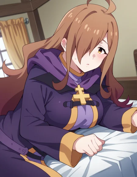 score_9, score_8_up, score_7_up, source_anime,
konosubawiz, <lora:konosuba-wiz-s1s2-ponyxl-lora-nochekaiser:1>,
wiz, ahoge, brown eyes, light brown hair, hair over one eye, long hair, mature female,
cross, dress, hood, hood down, jewelry, latin cross, long dress, long sleeves, purple dress, robe, purple robe,
indoors, bed, bed room, on side, blush, drunk,
looking at viewer, dutch angle, cowboy shot,
