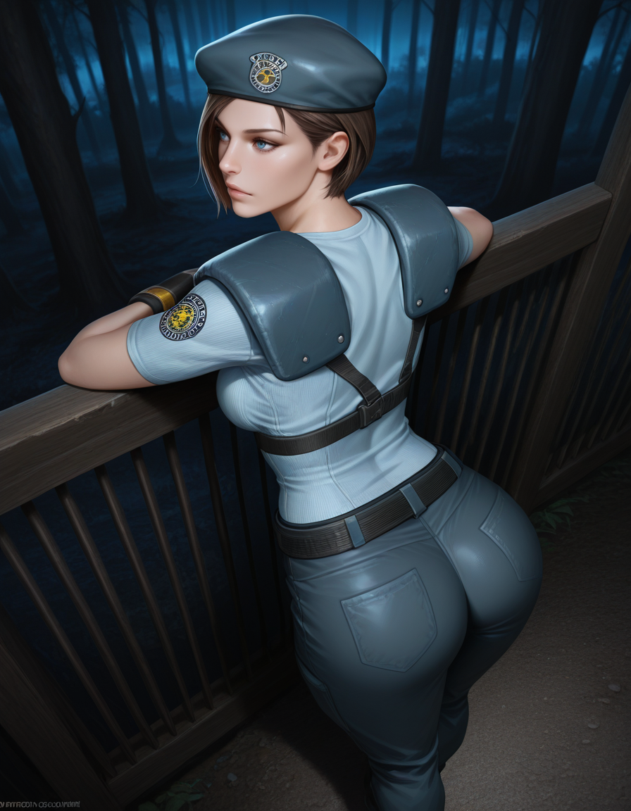 jill valentine, 1girl, beret, blue eyes, breasts, sleeves, pants, clothed, leaning against fence, ass, from above, from behind, night, darkness, outdoors, forest
, masterpiece, best quality, realistic, <lora:IL_RE1Jill_t1-33-64:1>