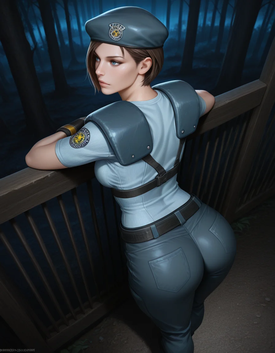jill valentine, 1girl, beret, blue eyes, breasts, sleeves, pants, clothed, leaning against fence, ass, from above, from behind, night, darkness, outdoors, forest
, masterpiece, best quality, realistic, <lora:IL_RE1Jill_t1-33-64:1>