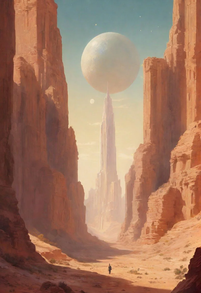 celestial sky, Loish, Leyendecker, james gilleard, celestial, ethereal, massive structure in distance, giant city, lost in desert