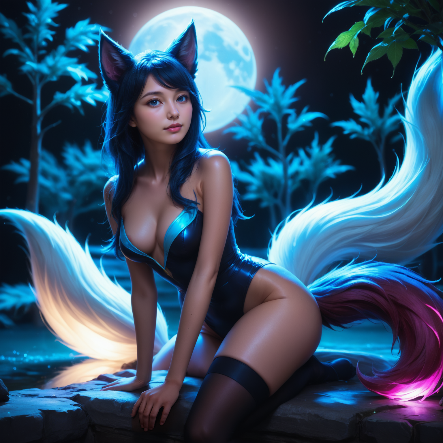 bluefoxeij <lora:bluefoxeijSDXL-000009:0.7>, sitting, river,, forrest, moonlight, dimmed light, dynamic dramatic beautiful full taking, handsome, glossy, dynamic, vibrant, advanced cinematic perfect light, highly detailed, contemporary, woman with foxtails, moody lighting, grim, <lora:Jedtailer:0.2>,