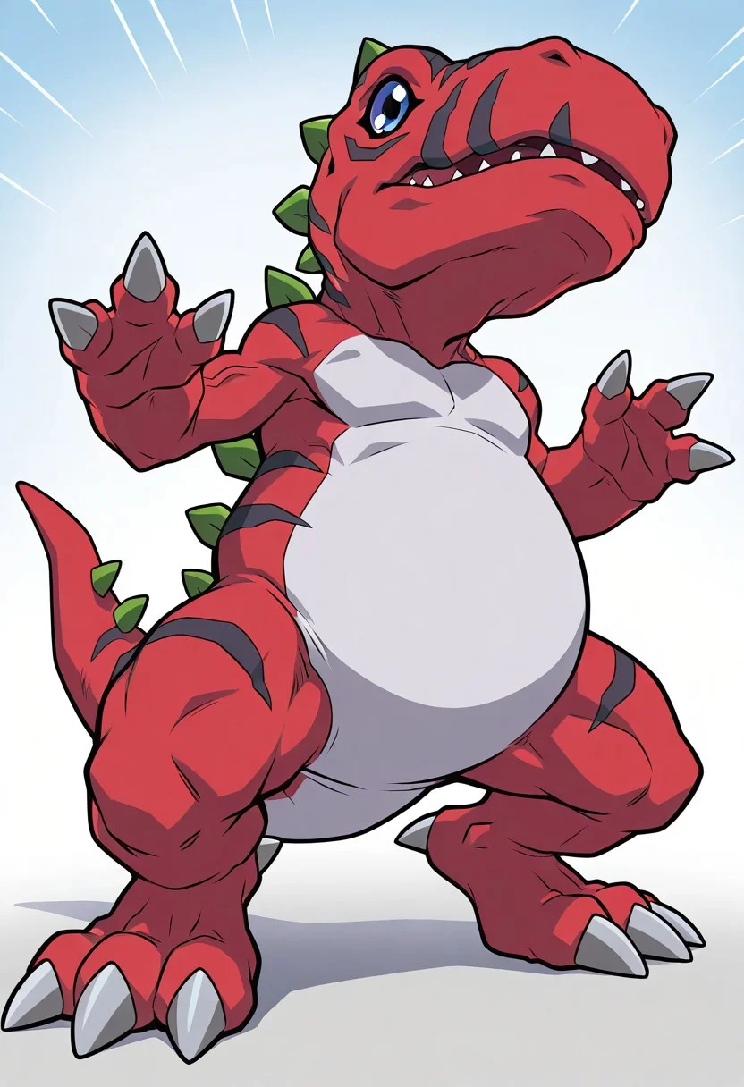 masterpiece,best quality,amazing quality, ultra high detail, good anatomy, perfect anatomy, anatomically correct hands, ultra detailed face, solo, , handsome, male only, Tyrannomon, Tyranomon, Digimon, Digital, Monster, red body, green spines, blue eyes, white belly on just tyrannomon,, three fingers, three toes, feral, buff, male only, tail in view, tyrannomon wearing a blaxk suit, wearing a black tuxedo, unbuttoned tuxedo