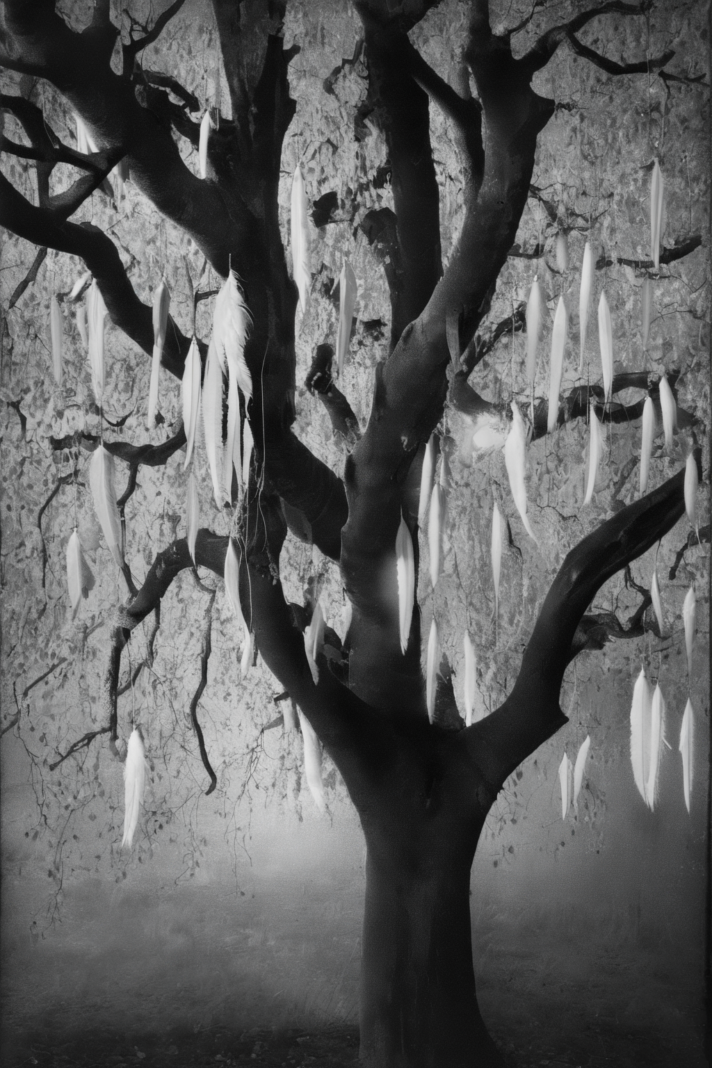 <lora:Photographer Elena Helfrecht Style:1>Photographer Elena Helfrecht Style - a black and white photo of a tree with white feathers hanging from it