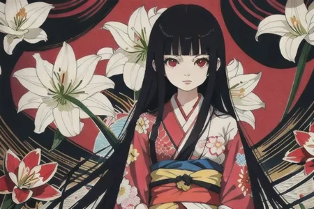 enma ai, hair down, hair black, bangs, eyes red, masterpiece, best quality, ultra-detailed, illustration, 1girl, solo, highres, photorealistic, ultra high res, (Original illustration composition), (fusion of limited color,Maximalism artstyle, kimono fashion, double exposure, background, illustration, Amazing, lily spider