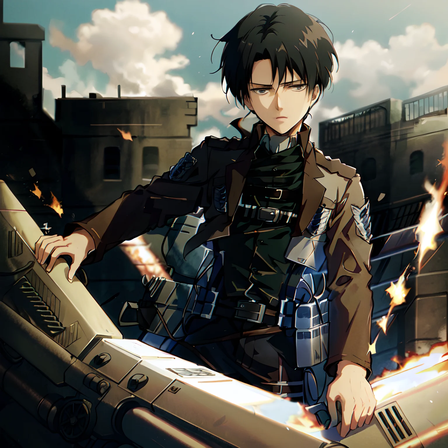 1man,<lora:Levi Ackermann:0.9>,highly detailed,high res, (Levi Ackermann),attack on titan,black hair,solo, outside, detailed eyes, full face, ruins,flames,black smoke,(three-dimensional_maneuver_gear),(blurred_background)