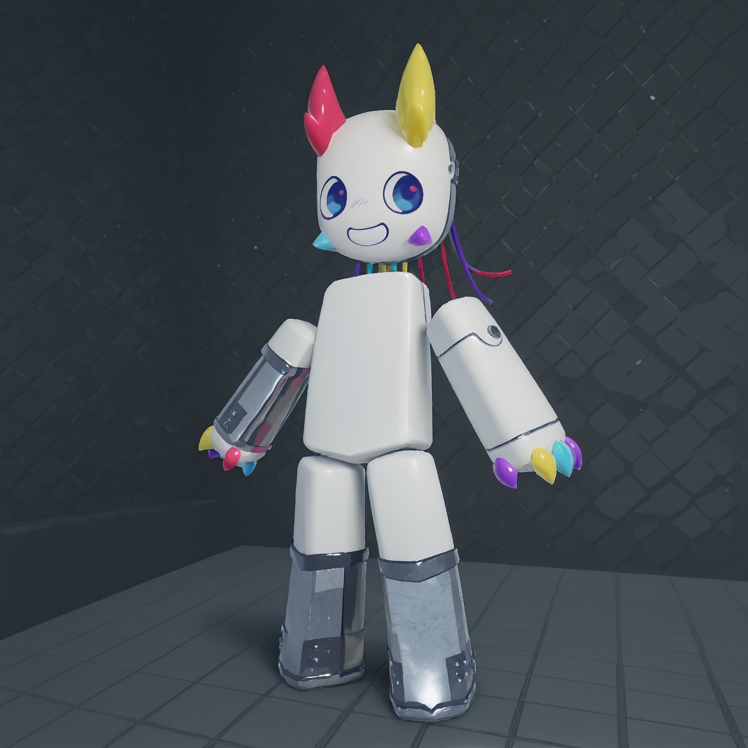 solo, 1boy, Prototype, robot, male, white body, blue eyes, crystalline horns, four claws, multicolored horns, multicolored claws, metal leg bands, metal arm bands

BREAK standing, abstract background, looking at viewer, smile 

BREAK best quality, amazing quality, very aesthetic, absurdres, newest, masterpiece 