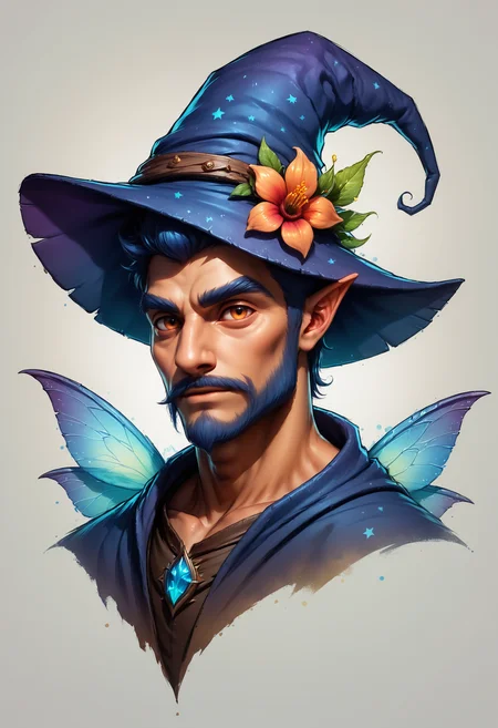 Faded Headshot, faded bottom, faded edges <lora:FadedHeadshot:0.8>,score_9,score_8_up,score_7_up,score_6_up,score_5_up,score_4_up male fairy wizard, wizard hat, moonlight gardens, dark shadows, glowing in the dark, bright colors, high contrast, dark background, vivid lighting, night garden accents, flower details, sketch, watercolor