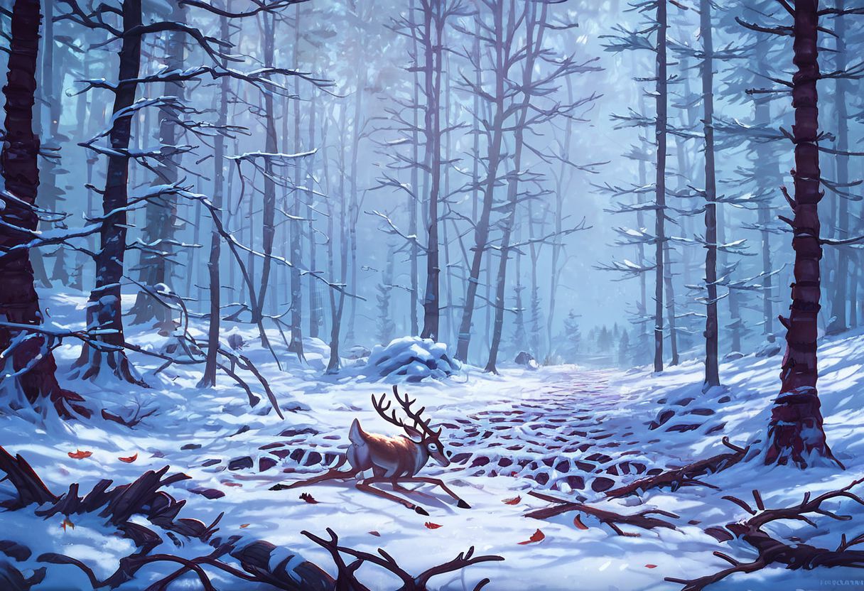 score_9,score_8_up,score_7_up, old forest, skeletal remains of a deer with large antlers in the foreground, dead dry leaves, forest floor, twigs, snow patch, realistic, ultra detail, early winter, FOCUS TREES