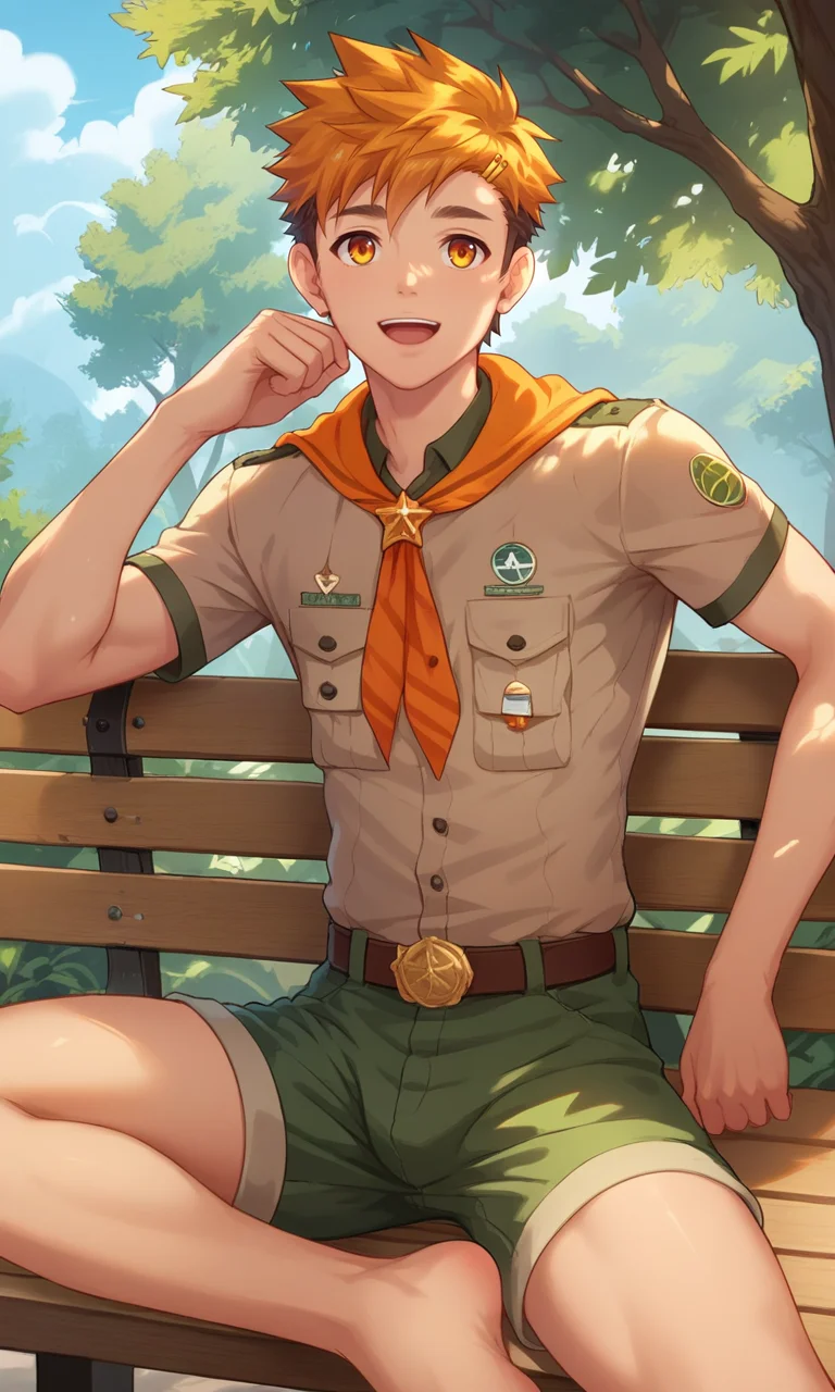 score_9, score_8_up, score_7_up, masterpiece, best quality, lots of details, ((1boy)), Hiro, slim, solo, male focus, open mouth, light smile, brown-gray shirt, green shorts, orange neckerchief, shaded, short sleeves, sitting, on bench, detailed shading, detailed skin, shaded skin, realistic shading, looking at viewer, Expressiveh, countershading:1.1, camp yard, outdoors, <lora:add-detail-xl:0.7>, <lora:Smooth Anime 2 Style SDXL_LoRA_Pony Diffusion V6 XL:0.8>, <lora:Expressive_H:0.8>, <lora:Hiro_XL_V10_OPT:0.9>