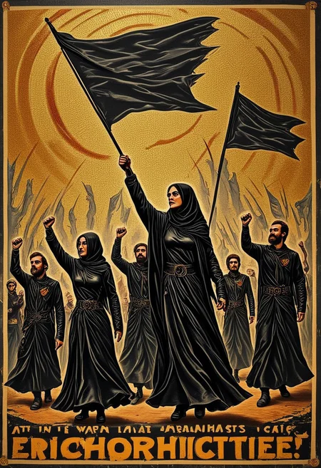 a byzantine style anarchist poster depicting a group female and male anarchists in futuristic black leather robes raising fists and waving flags.