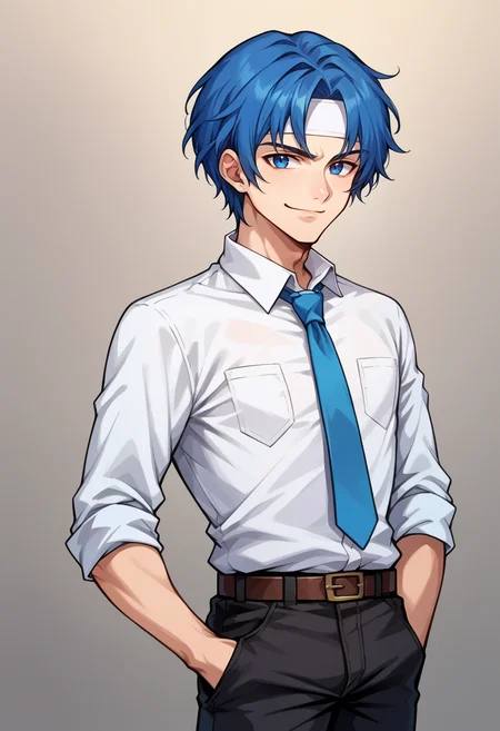 score_9, score_8_up, score_7_up, source_anime, BREAK, solo, 1boy, smirk, looking at viewer, <lora:Ronan-pdxl_Fp:1>, ronanfe5, blue hair, blue eyes, short hair, headband, suit, necktie, black pants,
