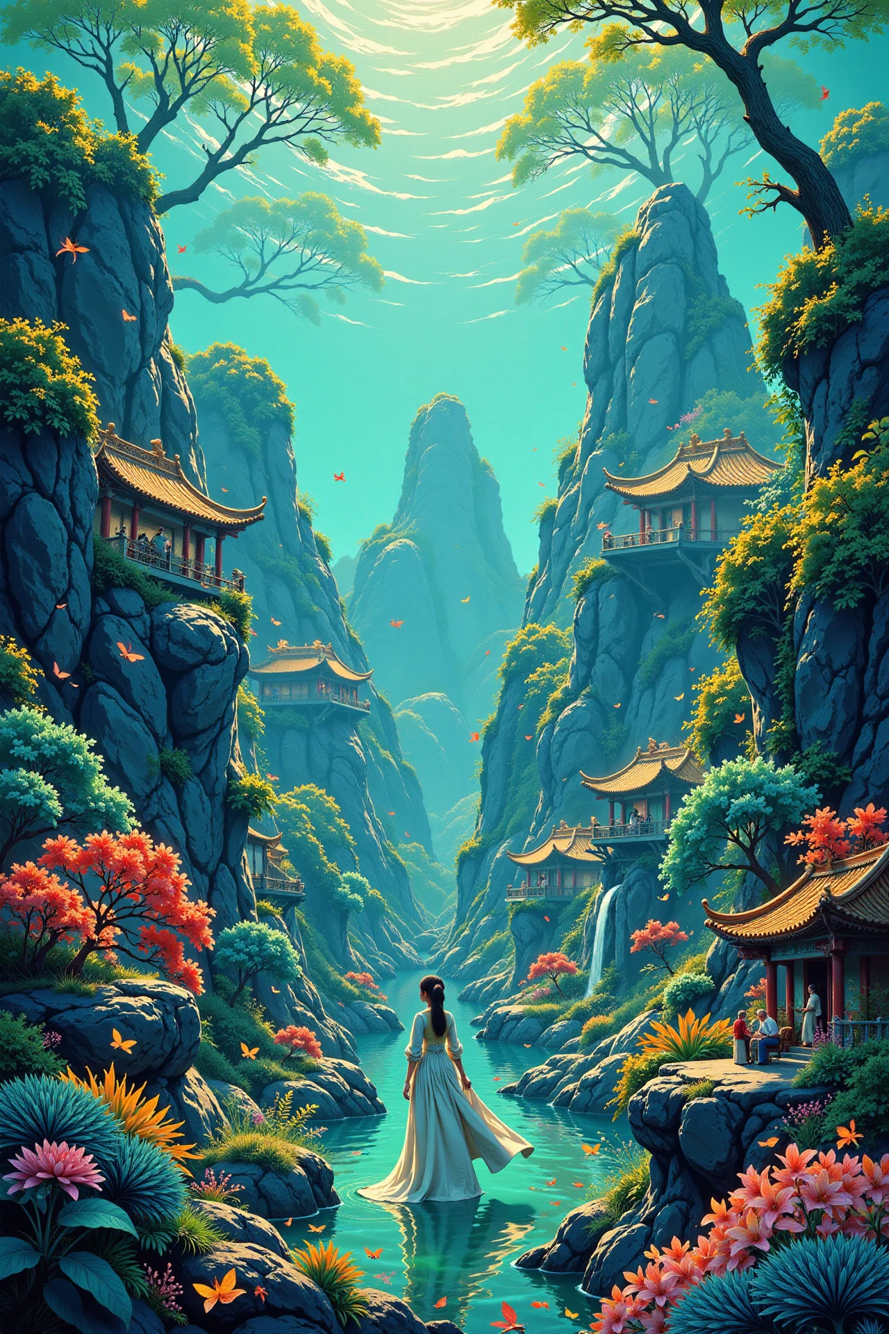 an underwater fantasy village beautiful landscape, golden hour, woman, very intricate, very detailed, sharp, bright, colorful, <lora:Hand v2:0.5> <lora:Anti-Blur:1><lora:Insane Detail Slider:0.25>  <lora:flux.1_lora_flyway_Epic-detail_v2:0.3> <lora:fluxenhancer:0.25> <lora:ROWER:0.6> <lora:flux-charmer-v1-1:0.4> <lora:Chinese style illustration:0.6> guofeng, chinese style illustration