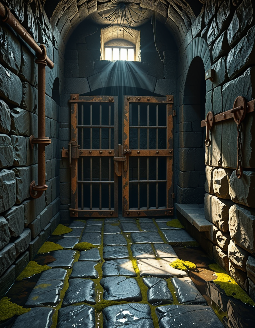 A highly detailed, hyper-realistic photograph of a dark medieval dungeon prison cell. The scene is dimly lit by a single flickering torch mounted on a damp stone wall, casting eerie shadows across the rough, moss-covered stones. Heavy, rusted iron bars form the cell door, slightly ajar, with visible corrosion and ancient padlocks. Inside the cell, there is a straw-covered floor, old wooden buckets, and a crude, splintered wooden bench against the back wall. Chains and manacles hang loosely from the walls, showing signs of long-term use. The atmosphere is cold, humid, and oppressive, with faint light rays piercing through tiny cracks in the stone ceiling. Cobwebs stretch across the corners of the cell, and faint water drips from above, creating small puddles. The overall mood is grim, desolate, and foreboding. Photorealistic style, with high dynamic range (HDR) lighting and extreme attention to textures like rust, moisture, and decay.
<lora:SDXLFaeTastic2400:0.4> <lora:extremely_detailed:0.4> extremely detailed,<lora:medieval_dungeon_pr1s0n_c3ll:1>,medieval dungeon pr1s0n c3ll, Masterpiece,best quality,hi res,8k,hi res,8k,award winning,(sharp focus, intricate, highly detailed),