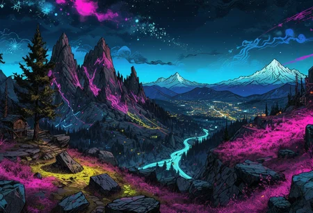 htly, dimly lit spot landscape, Long-exposure astro-photography, (starry ht sky:1.28), irregular shattered luminous star clusters in sky, (stellar background:0.9), (high-resolution) (sharp details:0.85),} vast rocky mountainside, scenic landscape view, (high resolution:1.22), (crazy colorful scratched doodle style, ((League of Legends:0.75) (Arcane:0.84)), (Jinx:0.3)'s chaotic crazy (toon:1.01) doodles, (macabre:1.14) neon cartoon doodles), (neon cyber steampunk style:1.13), (bright neon colors:1.22), (hot pink:1.28), (electric blue:0.92), (lime green:1.1), (extreme highlighted neon colors:1.16), ((insane:1.24) (crazy:1.24) (chaotic:1) (colorful:1.12), (anarchy:0.97) (chaos:1.03)), (insane doodle graffiti:1.16), overdrawn glowing neon-graffiti doodles overlay, League of legends arcane-style, ,
(Snow-capped peaks), (alpine meadow wildflowers), (granite cliffs), (evergreen forests), (rugged rock formations) (epic:1.26, (masterpiece:0.96), (RAW:1.11),high definition, <lora:sdxl\Hyper_Realism_Pony_XL.safetensors:0.85:0.18> p3,s9