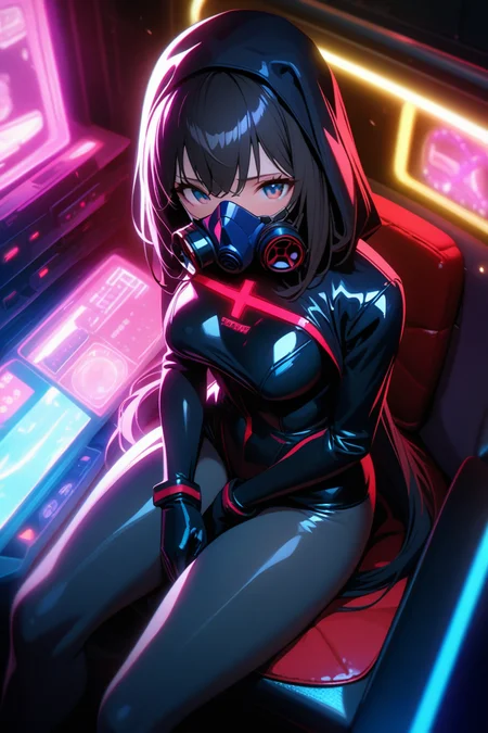 ((girl)), highly detailed, masterpiece, 4k, 8k, intricate detail, cinematic lighting, amazing quality,game cg, amazing shading, medium breasts, breasts thighs, ultra highres, deep glow effect, hdr, light particles, cinematic lighting, depth of field,full suit, 1girl, solo, nun suit, future, neon lights, neon genesis evangelion, neon hair, thighs, black hair,longtail bob, gas mask, cyber eyewere , <lora:longtail_bob-1.0:0.8>, sit, from above,Cross legs