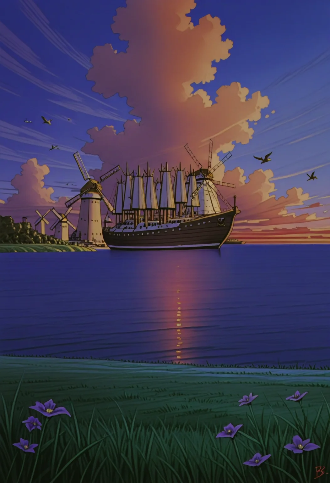 <lora:BerserkILLUSTRIOUS:1> berserk,
flower, sky, cloud, signature, water, blue sky, bird, ocean, grass, cloudy sky, plant, scenery, flying, sunset, purple flower, horizon, aircraft, watercraft, evening, ship, boat, gradient sky, dusk, airship, windmill