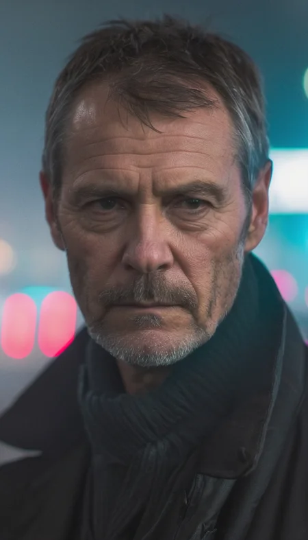 city street, neon, fog, volumetric, closeup photo of 50 y.o man in dark clothes, serious face