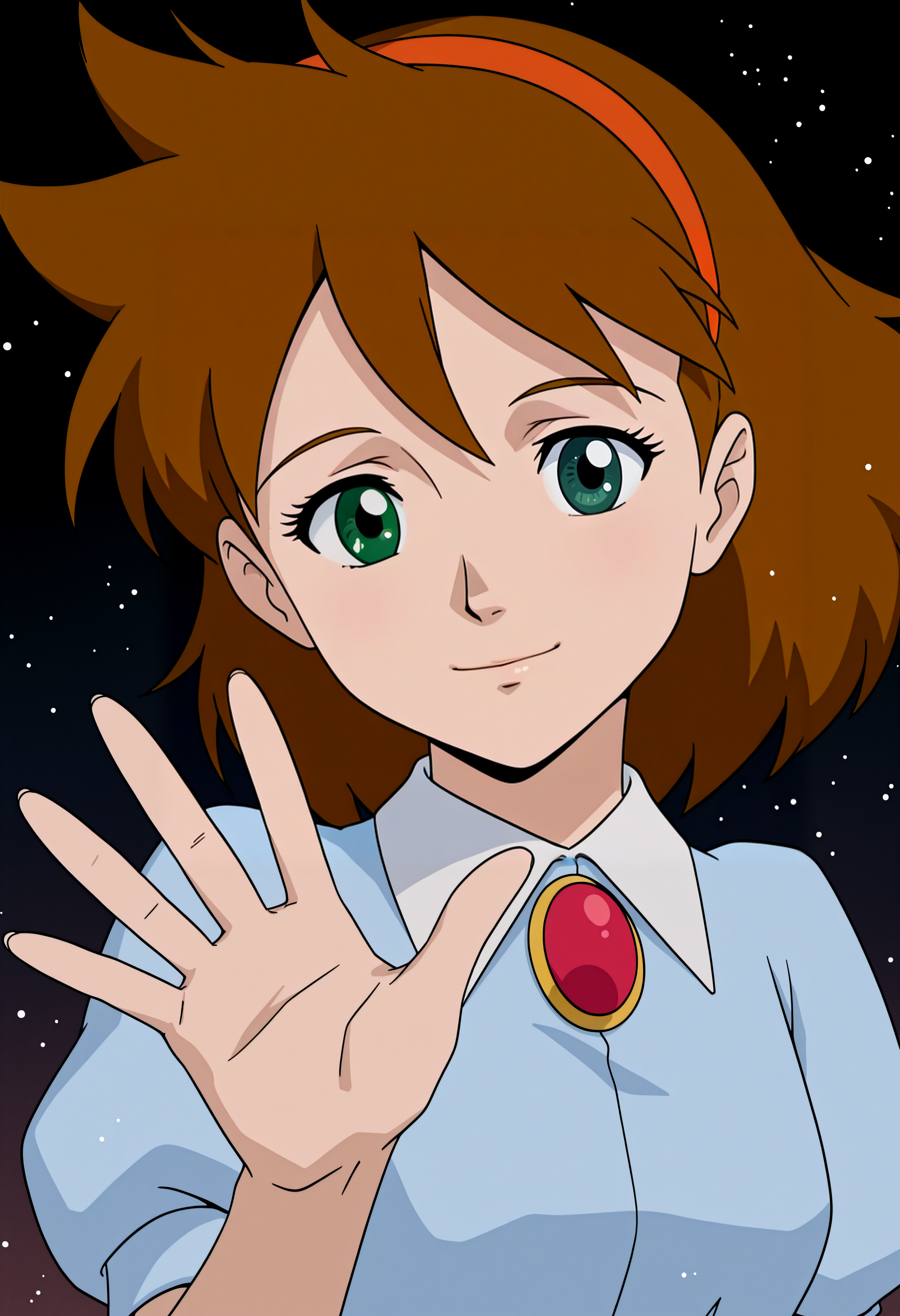 score_9, Score_8_up, Score_7_up, Score_6_up,   <lora:Gradient_Background:1> Gr_Back, Gradient Background, dark background,(upper body:1.4),female focus, magic light particles, waving at viewer, close up, high detail face, face focus, (upper body:2.1), 
1girl,solo,Jane_Buxton3,Brown hair,Hairband,green eyes,light cyan shirt,blue dress,belt,blue skirt,long skirt,
<lora:Jen_Deep:1>, both light smile,