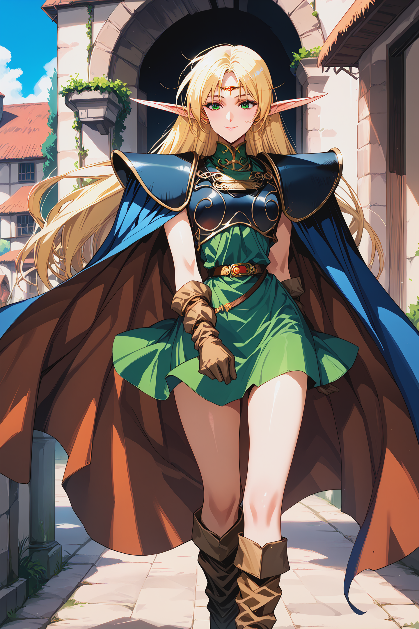 score_9, score_8,  score_7, score_6_up, score_5_up,
deedlit, circlet, shoulder armor, breastplate, green tunic, gold choker, arm_wraps, belt, brown footwear, boots, ruby circlet, gold line filigree decoration, short tunic, short skirt,
1girl, long hair, blonde, elf, navy blue breastplate, navy blue shoulder armor, sleeveless, leather gloves, Cloak, green shirt, brown gloves, two-tone cape, long boots,long cape,
beautiful face, 24 years old,
smile, green eyes,
bangs,
record of lodoss war,
cowboy shot,
medieval village, walking,
<lora:Degen_Deedlit_v1:0.55>,  <lora:TOO_NobuteruYuuki_v3B_PonyXL:0.55>,  <lora:PirotessXLpony001:0.3>,  <lora:Urushihara Satoshi_XL_PONY_V2:0.4>,  <lora:Sinozick_Style_XL_Pony:0.2>,  <lora:DefaultZ17:0.2>,  <lora:style1:0.2>,   <lora:pixivtext2:0.2>,  <lora:flyx3_XL_PONY:0.2>