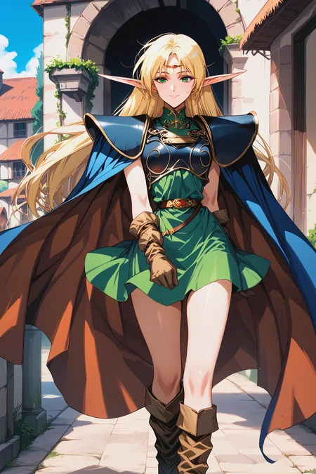 score_9, score_8, score_7, score_6_up, score_5_up,
deedlit, circlet, shoulder armor, breastplate, green tunic, gold choker, arm_wraps, belt, brown footwear, boots, ruby circlet, gold line filigree decoration, short tunic, short skirt,
1girl, long hair, blonde, elf, navy blue breastplate, navy blue shoulder armor, sleeveless, leather gloves, Cloak, green shirt, brown gloves, two-tone cape, long boots,long cape,
beautiful face, 24 years old,
smile, green eyes,
bangs,
record of lodoss war,
cowboy shot,
medieval village, walking,
<lora:Degen_Deedlit_v1:0.55>, <lora:TOO_NobuteruYuuki_v3B_PonyXL:0.55>, <lora:PirotessXLpony001:0.3>, <lora:Urushihara Satoshi_XL_PONY_V2:0.4>, <lora:Sinozick_Style_XL_Pony:0.2>, <lora:DefaultZ17:0.2>, <lora:style1:0.2>, <lora:pixivtext2:0.2>, <lora:flyx3_XL_PONY:0.2>