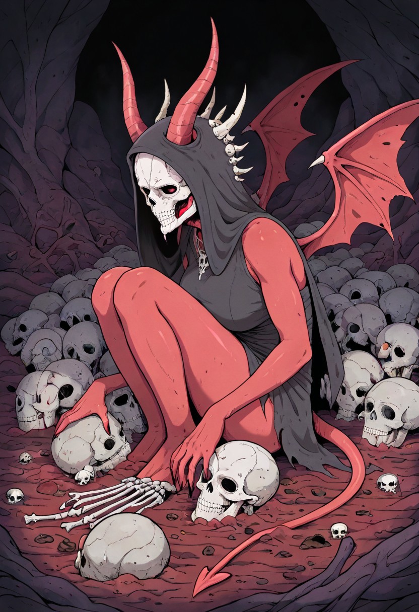 masterpiece, best quality, newest, absurdres, highres, 
Migamiga-Style-V1.0,
1girl, red skin, red colored skin, demon girl, succubus, demon horns, horns, demon wings, demon tail, wings, horror (theme), monster girl, skull, skull mask, bones, skeleton, veil, veiled face, mask,