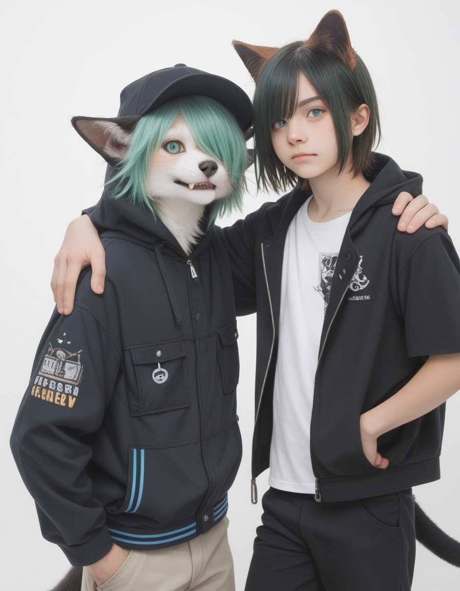 score_9, score_8_up, score_7_up, score_6_up,score_anime, realistic,real,photorealistic,cowboy shot, , +_+, 2boys, animal ears, animal nose, bird, black jacket, black pants, black shorts, blue eyes, blush, closed mouth, colored sclera, fang, furry, furry male, green eyes, green hair, grey pants, hair over one eye, hand on another's shoulder, hand on own hip, hand up, hat, hood, hood down, hooded jacket, jacket, lapels, looking at viewer, lying, male focus, multiple boys, on side, off shoulder, on ground, pants, pouch, shirt, short sleeves, shorts, simple background, skin fang, sleeves past wrists, standing, teeth, white background, white shirt