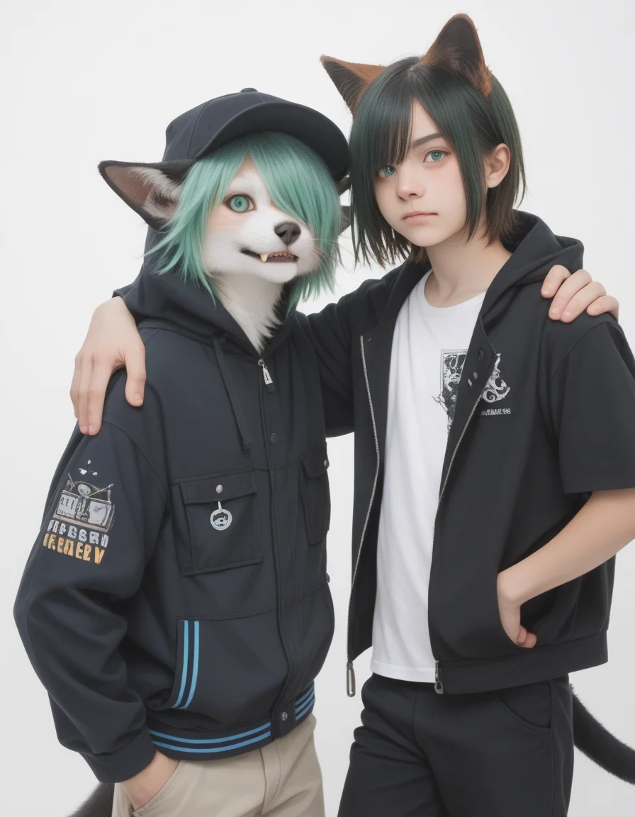 score_9, score_8_up, score_7_up, score_6_up,score_anime, realistic,real,photorealistic,cowboy shot, , +_+, 2boys, animal ears, animal nose, bird, black jacket, black pants, black shorts, blue eyes, blush, closed mouth, colored sclera, fang, furry, furry male, green eyes, green hair, grey pants, hair over one eye, hand on another's shoulder, hand on own hip, hand up, hat, hood, hood down, hooded jacket, jacket, lapels, looking at viewer, lying, male focus, multiple boys, on side, off shoulder, on ground, pants, pouch, shirt, short sleeves, shorts, simple background, skin fang, sleeves past wrists, standing, teeth, white background, white shirt