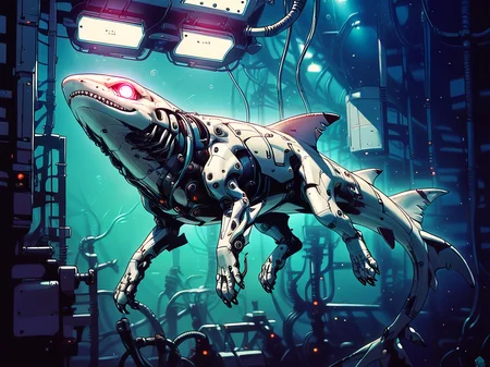 score_9, score_8_up, score_7_up, score_6_up, <lora:cyb0rgXLP:0.8> cyb0rg, solo, science fiction, cable, mechanical parts, black, feral, full body, glowing eyes, neon lights, shark, underwater,