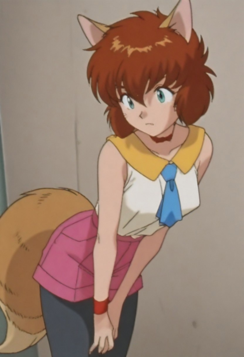 masterpiece, best quality, amazing quality,,, shiny skin,,,,,,,,<lora:koto_ilxl_v1.0:1>,koto,brown hair,green eyes,whiskers,fang out, k_clothes,yellow collar,red ribbon choker,white sleeveless shirt,blue necktie,pink shorts,fox tail,black_pantyhose,k_m,