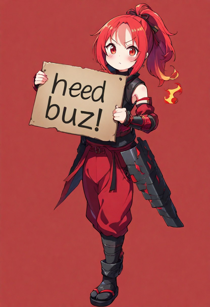 masterpiece, need_buzz, holding sign, A kunoichi with red hair symbolizes both a fiery spirit and traditional stealth. Here's a concise description:
**Hair:** Vibrant, fiery red, styled in a ponytail, loose, or an updo.
**Outfit:**
- **Color Scheme:** Black and red, for mystery and power.
- **Top:** Fitted black ninja suit or stylized with a red sash.
- **Bottoms:** Tight-fitting pants or hakama, with black or red accents.
- **Footwear:** Split-toe tabi socks and sandals or boots.
**Accessories:**
- **Arm Guards:** Black with red detailing.
- **Mask or Hood:** For concealment or style.
- **Belt/Sash:** Wide, red, functional for combat.
- **Weapons:** Dual tanto or jyutei, red handles or sheaths; shuriken.
- **Jewelry:** Minimal, like a red ribbon or choker.
- **Armor:** Lightweight, with red elements if present.
This blends various sources to depict a red-haired kunoichi in black and red.