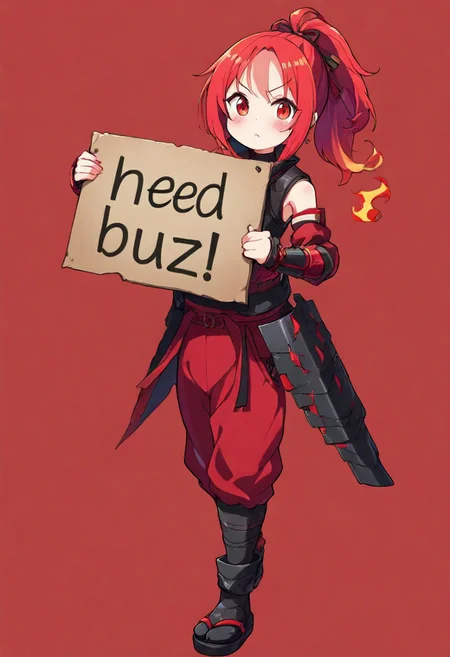 masterpiece, need_buzz, holding sign, A kunoichi with red hair symbolizes both a fiery spirit and traditional stealth. Here's a concise description:
**Hair:** Vibrant, fiery red, styled in a ponytail, loose, or an updo.
**Outfit:**
- **Color Scheme:** Black and red, for mystery and power.
- **Top:** Fitted black ninja suit or stylized with a red sash.
- **Bottoms:** Tight-fitting pants or hakama, with black or red accents.
- **Footwear:** Split-toe tabi socks and sandals or boots.
**Accessories:**
- **Arm Guards:** Black with red detailing.
- **Mask or Hood:** For concealment or style.
- **Belt/Sash:** Wide, red, functional for combat.
- **Weapons:** Dual tanto or jyutei, red handles or sheaths; shuriken.
- **Jewelry:** Minimal, like a red ribbon or choker.
- **Armor:** Lightweight, with red elements if present.
This blends various sources to depict a red-haired kunoichi in black and red.