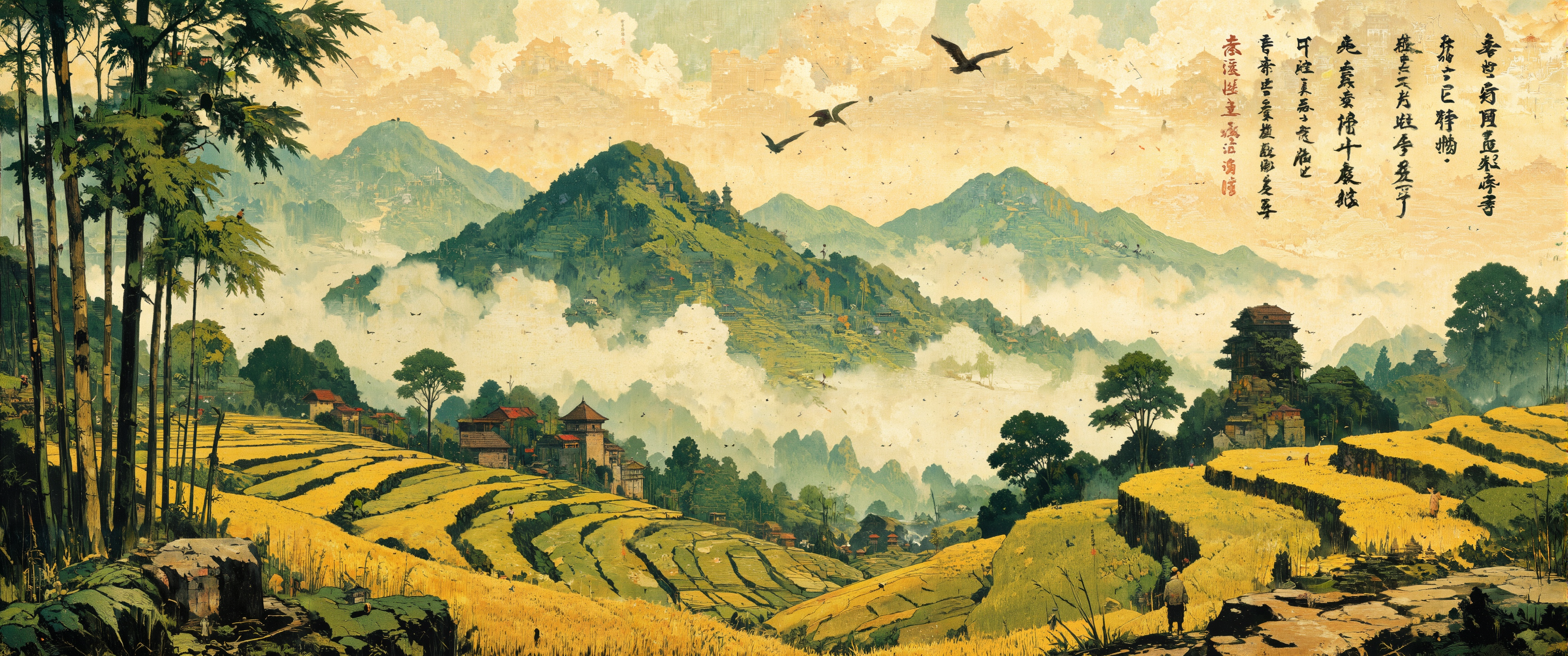 Tranquil rice paddies cascading down mountainsides in ethereal morning light, rendered in traditional xieyi style with spontaneous brushwork. Misty valleys recede into the distance using atmospheric perspective, with faint silhouettes of ancient villages nestled between terraces. Rich green mineral pigments blend with amber and gold tones capturing early autumn harvest. A solitary farmer in traditional attire tends to his field, a small figure emphasizing human harmony with nature. Elegant calligraphy in running script adorns the upper right corner, complementing the composition with poetic balance. Rice paper texture visible with intentional negative space suggesting clouds and divine breath (qi). Bamboo groves frame the scene, their supple forms executed with masterful dry-brush technique. Subtle touches of vermilion accent the distant temple rooftops, while delicate birds soar through the composition, embodying freedom and transcendence according to Taoist principles. <lora:ç»ªå¿ CGé£æ»¤éFLUX:0.5> <lora:Memadukan_Brush_Strokes_of_Fineart:0.7> <lora:RetroAnimeFluxV1:0.5> <lora:RM_Animefy_v1.0M:0.8> <lora:flux_dev:1>