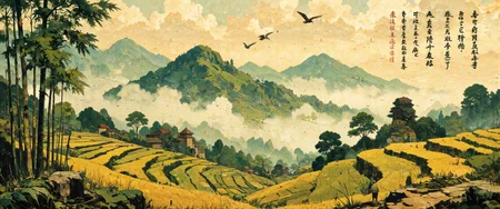 Tranquil rice paddies cascading down mountainsides in ethereal morning light, rendered in traditional xieyi style with spontaneous brushwork. Misty valleys recede into the distance using atmospheric perspective, with faint silhouettes of ancient villages nestled between terraces. Rich green mineral pigments blend with amber and gold tones capturing early autumn harvest. A solitary farmer in traditional attire tends to his field, a small figure emphasizing human harmony with nature. Elegant calligraphy in running script adorns the upper right corner, complementing the composition with poetic balance. Rice paper texture visible with intentional negative space suggesting clouds and divine breath (qi). Bamboo groves frame the scene, their supple forms executed with masterful dry-brush technique. Subtle touches of vermilion accent the distant temple rooftops, while delicate birds soar through the composition, embodying freedom and transcendence according to Taoist principles. <lora:ç»ªå¿ CG飿»¤éFLUX:0.5> <lora:Memadukan_Brush_Strokes_of_Fineart:0.7> <lora:RetroAnimeFluxV1:0.5> <lora:RM_Animefy_v1.0M:0.8> <lora:flux_dev:1>