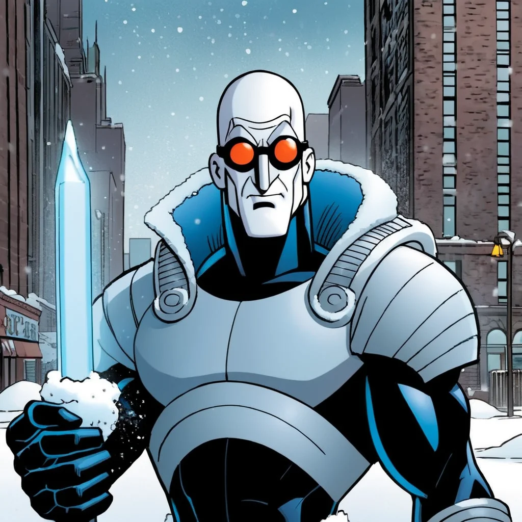 comic book art of <lora:Mr. Freeze:1.2>
Mr. Freeze a man in snow In Gotham City, comic art, graphic novel illustration