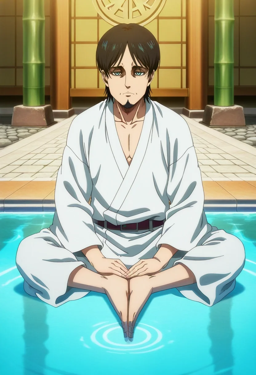 masterpiece, best quality, anime screencap, anime coloring, official style, , , 1boy, male focus, turquoise eyes, black hair, thin beard,, solo, bamboo temple, stone paths, water gardens, prayer halls, meditation pose, serene expression, morning mist, <lora:shingeki_no_kyojin_s4_style_ilxl:1>, shingeki_no_kyojin_s4_style