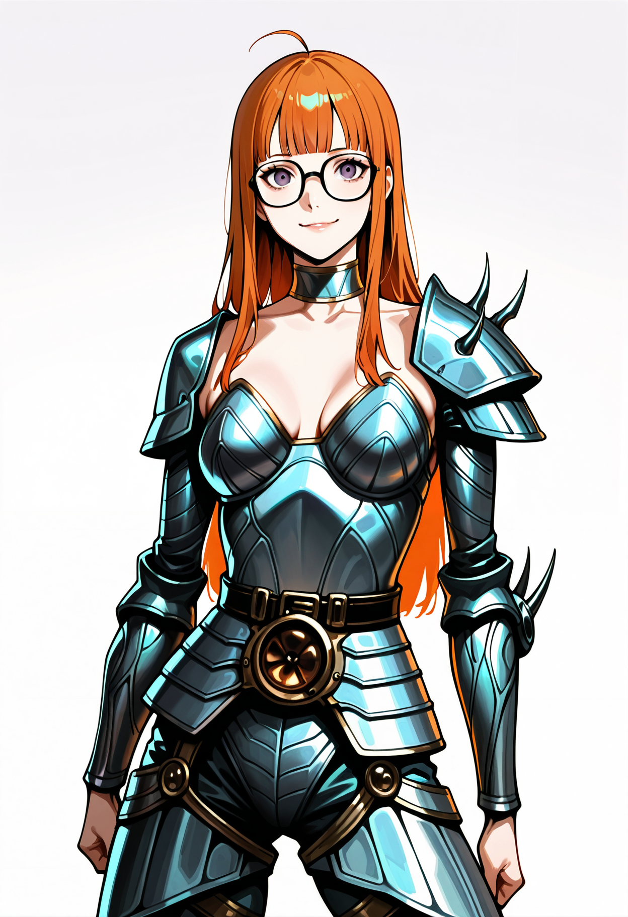 masterwork, masterpiece, best quality, hyper-detailed, realistic, photorealistic,
1 girl, solo,
long hair, sakura futaba, orange hair, p5futaba, glasses, ahoge, blunt bangs
nwn-aribeth-good, silver armor, metal armor, pauldrons, shoulder armor, shoulder spikes, choker, collarbone, boots, greaves,
standing, looking at viewer, smile, cowboy shot,
plain background,