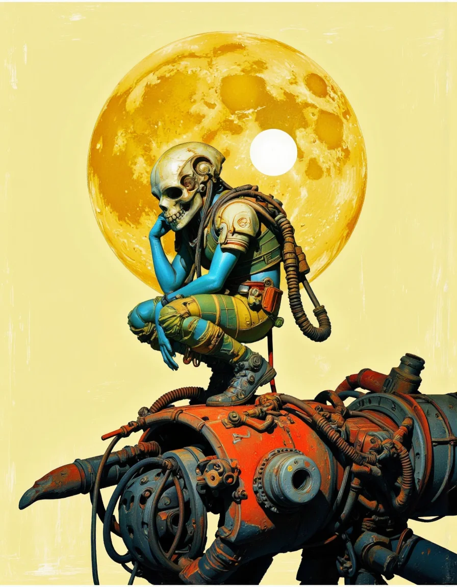 By Passcal Blanché. A digital artwork rendered in a dynamic retro-futuristic style. It depicts a humanoid creature in a crouching position, perched on a mechanical device that resembles a futuristic robot arm or claw. The creature wears a helmet on its head in the form of a large skull with a large protruding jaw and sharp teeth, and covers much of its face. Its skin is a bright blue. The creature's body is adorned with intricate segmented armor plates in shades of green and yellow, giving it a mechanized appearance.
The creature is connected by a series of cables and pipes to the mechanical device it is perched on. The mechanical device itself is colored in shades of red and orange, with intricate metallic textures and an intricate network of cables and pipes.
In the background, a large, bright yellow moon dominates the scene, casting a soft, warm light that bathes the entire image in a golden hue. The surface of the moon is textured and cratered, with subtle variations in tone, suggesting that it is a natural celestial body. The sky in the background is a gradient of light yellow, fading to a darker, almost black hue towards the top of the image, creating a sense of depth and perspective. <lora:Pascal_Blanché:0.9>