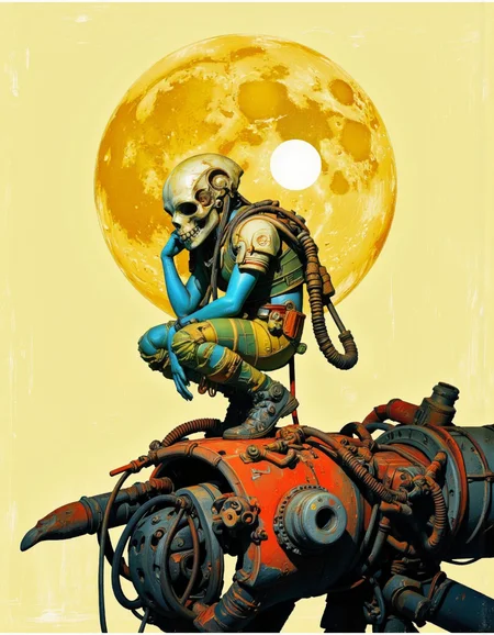 By Passcal Blanché. A digital artwork rendered in a dynamic retro-futuristic style. It depicts a humanoid creature in a crouching position, perched on a mechanical device that resembles a futuristic robot arm or claw. The creature wears a helmet on its head in the form of a large skull with a large protruding jaw and sharp teeth, and covers much of its face. Its skin is a bright blue. The creature's body is adorned with intricate segmented armor plates in shades of green and yellow, giving it a mechanized appearance.
The creature is connected by a series of cables and pipes to the mechanical device it is perched on. The mechanical device itself is colored in shades of red and orange, with intricate metallic textures and an intricate network of cables and pipes.
In the background, a large, bright yellow moon dominates the scene, casting a soft, warm light that bathes the entire image in a golden hue. The surface of the moon is textured and cratered, with subtle variations in tone, suggesting that it is a natural celestial body. The sky in the background is a gradient of light yellow, fading to a darker, almost black hue towards the top of the image, creating a sense of depth and perspective. <lora:Pascal_Blanché:0.9>