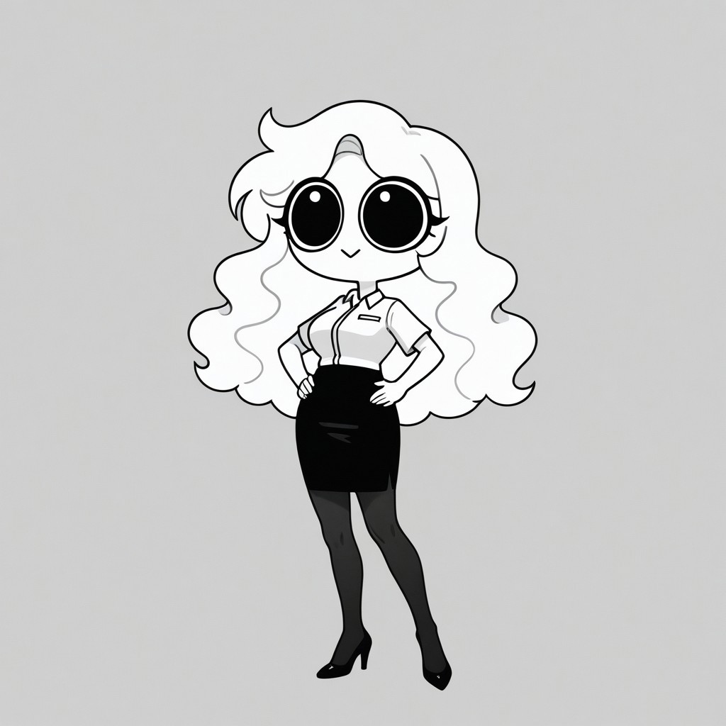 Xiaro, 1girl, solo, monochrome, big eyes, long wavy white hair, white short-sleeved office shirt, black skirt, black pantyhose, black heels
Xiaro smiling with her hands on her hips
 cartoon, simple, minimalist, plain style, voluptuous body