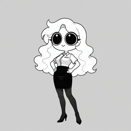 Xiaro, 1girl, solo, monochrome, big eyes, long wavy white hair, white short-sleeved office shirt, black skirt, black pantyhose, black heels
Xiaro smiling with her hands on her hips
 cartoon, simple, minimalist, plain style, voluptuous body