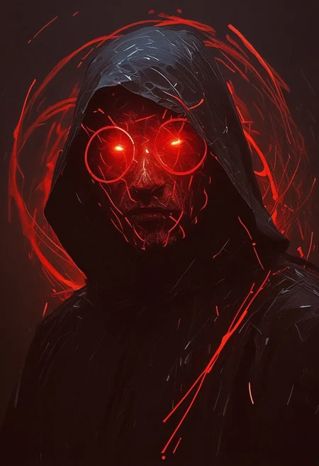 ((((abstract shapes)))), darkness, evening,((contemporary surrealism)), by Caspar David Friedrich, thick brush strokes, a dark hooded figure, wearing a glowing mask, black robes, face obscured, abstract composition, asymmetric, dark, red glow, (streaks), circles, black background, abstract film grain, messy composition, (long exposure)