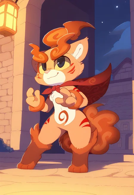 score_9, score_8_up, score_7_up, anthro, male,solo, antropomorphic Torajirō,, komainu, pale-orange fur, brown flame tail,brown flame ponytail, flames, cape, sclera,by Backsash,nose,black eyes,four fingers,Japanese temple background,battle position,outdoors,battle