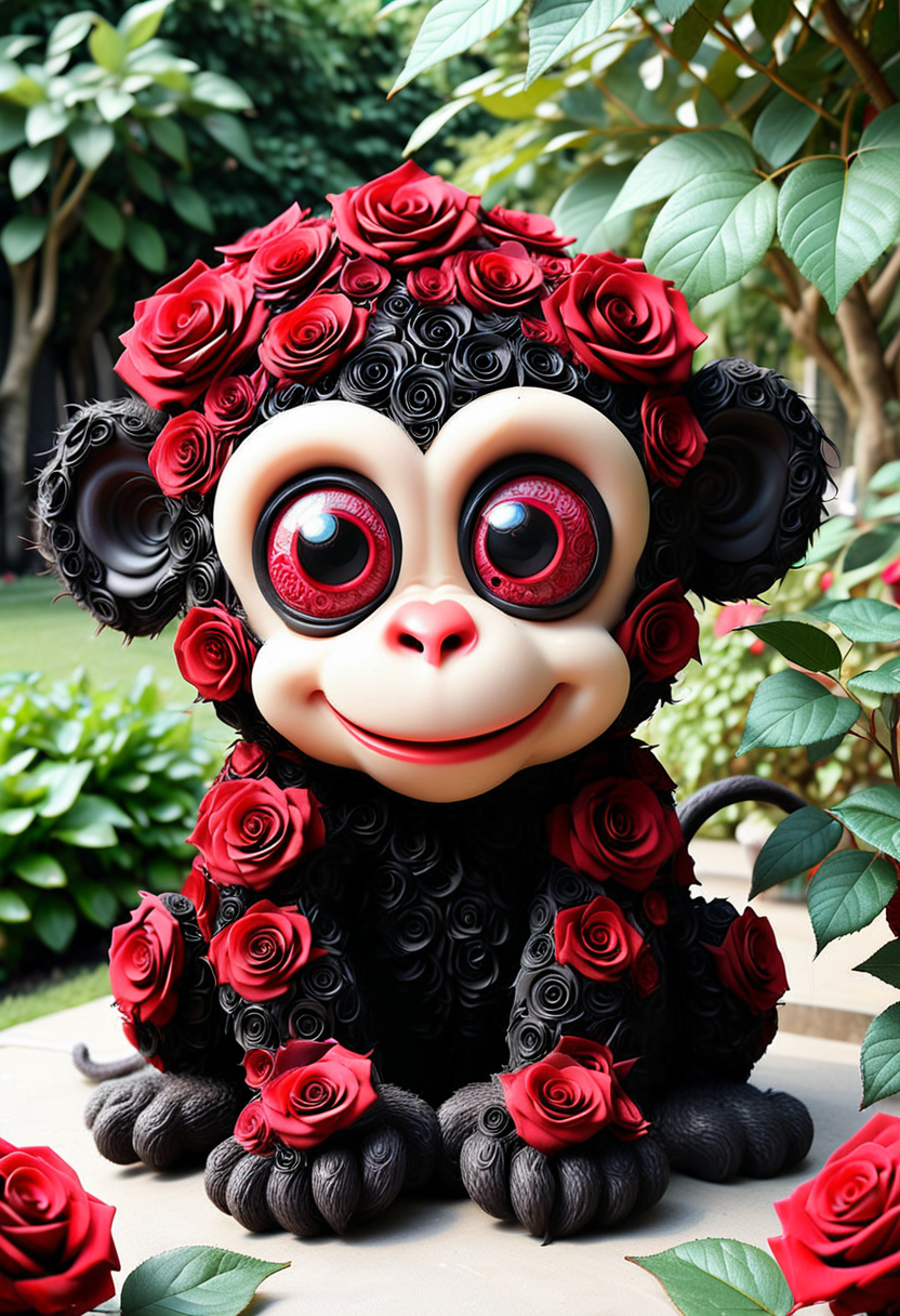 BL4CKR3DR0S3S, a cute monkey is made from black and red roses, detailed face, (big eyes:0.9), detailed eyes, (smile:1.1), long eye lashes, located in an garden