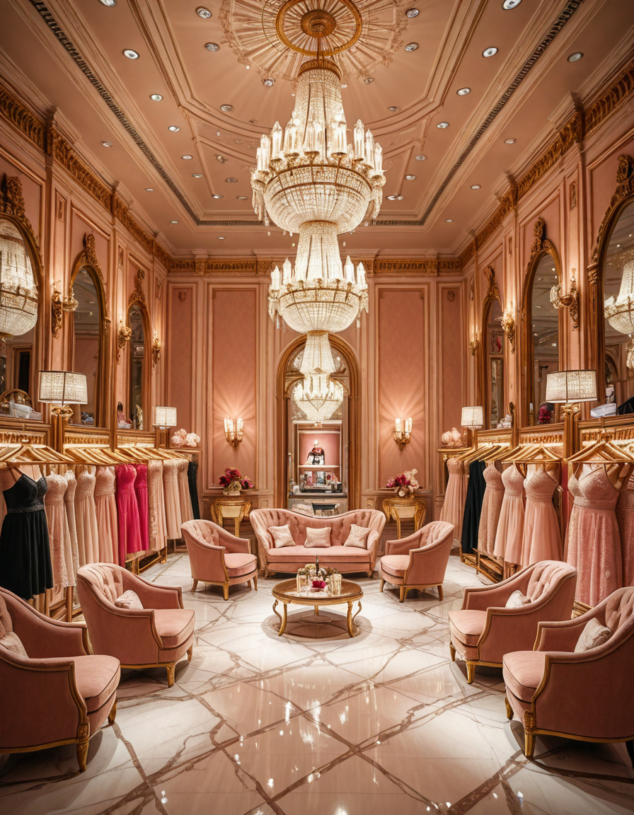 A luxurious high-end lingerie boutique interior, inspired by Victoria's Secret flagship stores. Elegant pink and gold color palette, soft ambient lighting, large crystal chandeliers hanging from the ceiling, velvet armchairs, marble floors, and ornate mirrors. Chic lingerie displayed on golden racks and mannequins wearing lace and satin pieces. The boutique features glamorous wall decor, a plush fitting area, and branded shopping bags. The atmosphere is opulent, feminine, and seductive, with a refined and exclusive design. Wide-angle view, sharp focus, cinematic lighting.
<lora:SDXLFaeTastic2400:0.4> <lora:extremely_detailed:0.4> extremely detailed,high-end lingerie b0ut1qu3 <lora:high-end_lingerie_b0ut1qu3-i:1>, Masterpiece,best quality,hi res,8k,hi res,8k,award winning,(sharp focus, intricate, highly detailed),