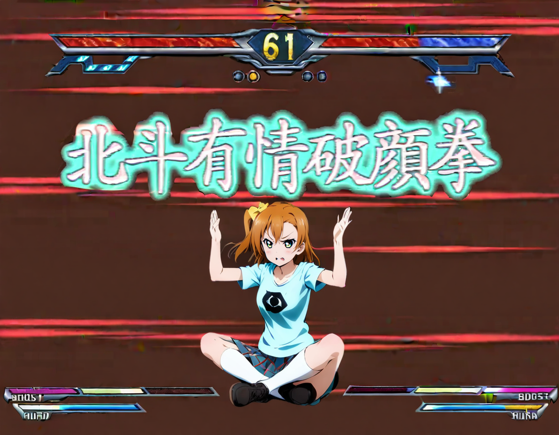 1girl,
kousaka honoka, love live!,
casual wear,skirt,
angry,,
<lora:hokutoujouhagankenXL2:1>,hokutoujouhaganken,sitting,gameplay mechanics,fighting game,indian style,character name,(arms up:0.5), (logo:1.4),
simple background,full body,
masterpiece, best quality, ultra detailed, highres,4k,(ultra-detailed:1.4) (illustration:0.5), (ray tracing,:0.8),(anime colored:0.7),(ai-generated:0.5),